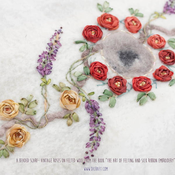 Beaded Scarf-Vintage Roses on Felted Wool 1