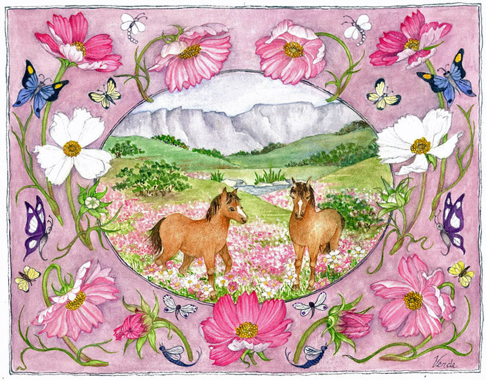 Cosmos and Horses embroidery panel, ready to embroider 1