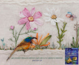 Woollen blanket/throw with countryside flowers and a little sunbird 1