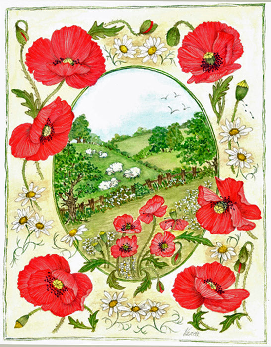 Red Poppies and Daisies embroidery panel, ready to embroider 1