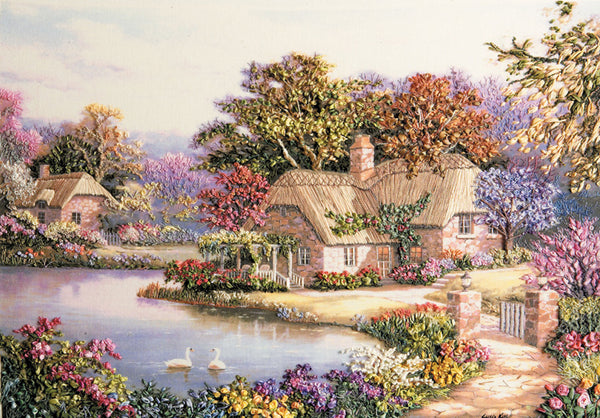 Swan Cottage A4 (Medium) embroidery panel, ready to embroider 1