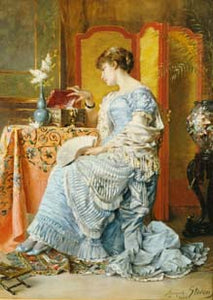 NL3 – Lady at table embroidery panel, ready to embroider 1
