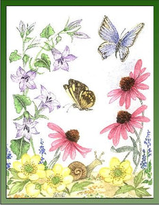 Yellow Anenome, Blue Companula, ConeFlower embroidery panel 1