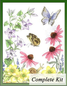 Yellow Anenome, Blue Companula, ConeFlower Embroidery Kit 1