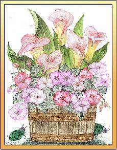 Impatiens and lilies in a pot embroidery panel, ready to embroider 1